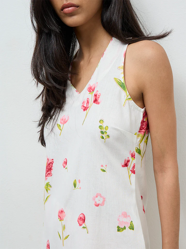 Utsa White Floral Printed Cotton-Blend A-Line Kurta - Image 3
