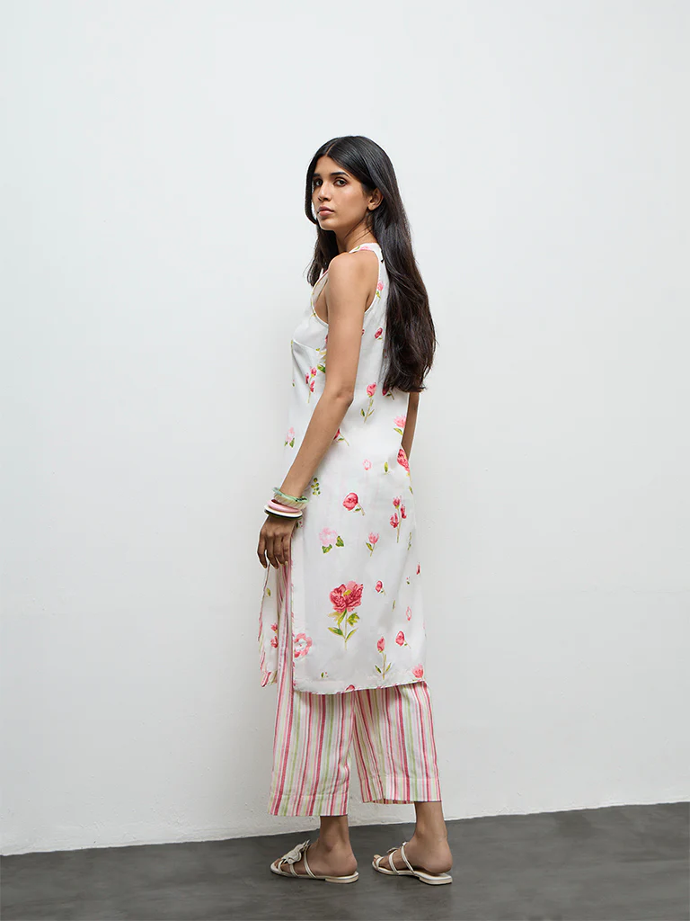 Utsa White Floral Printed Cotton-Blend A-Line Kurta - Image 4