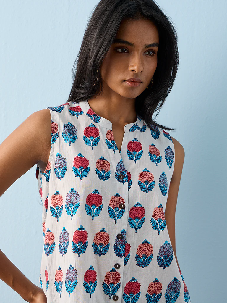 Utsa White Floral Printed Cotton Tunic - Image 3