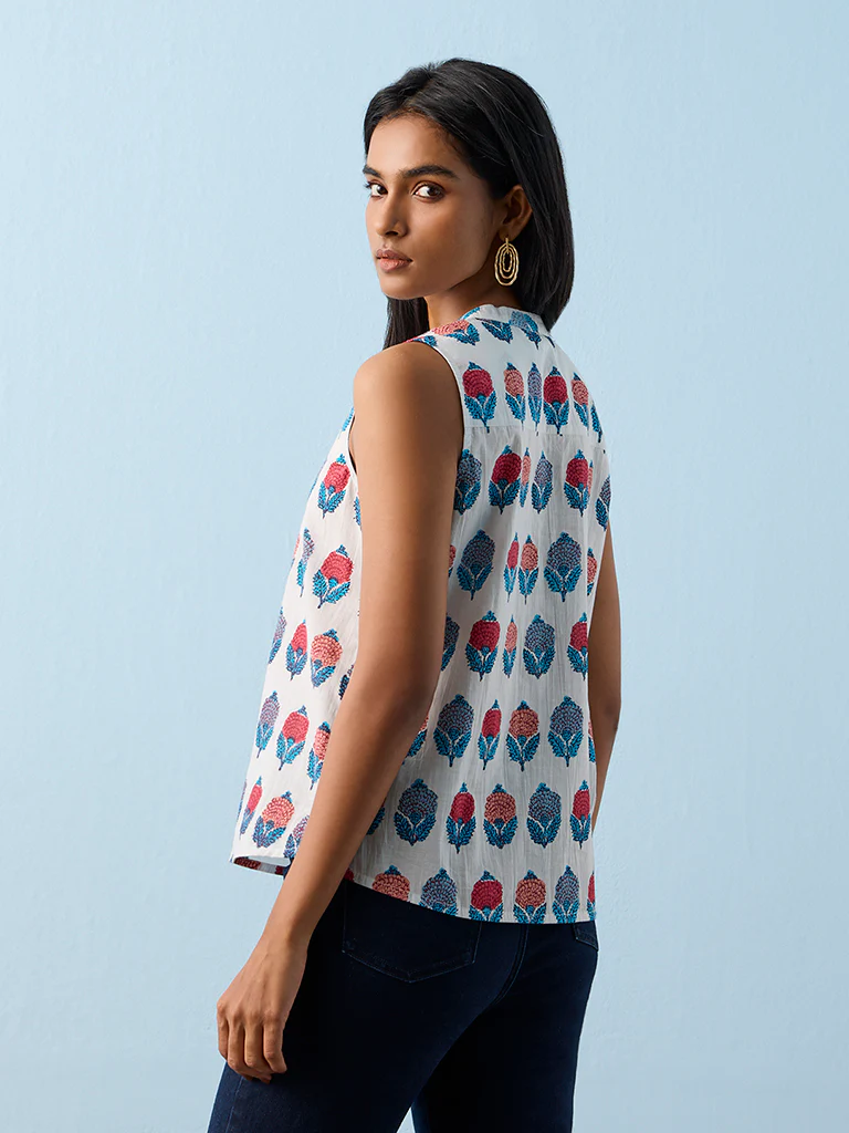 Utsa White Floral Printed Cotton Tunic - Image 4