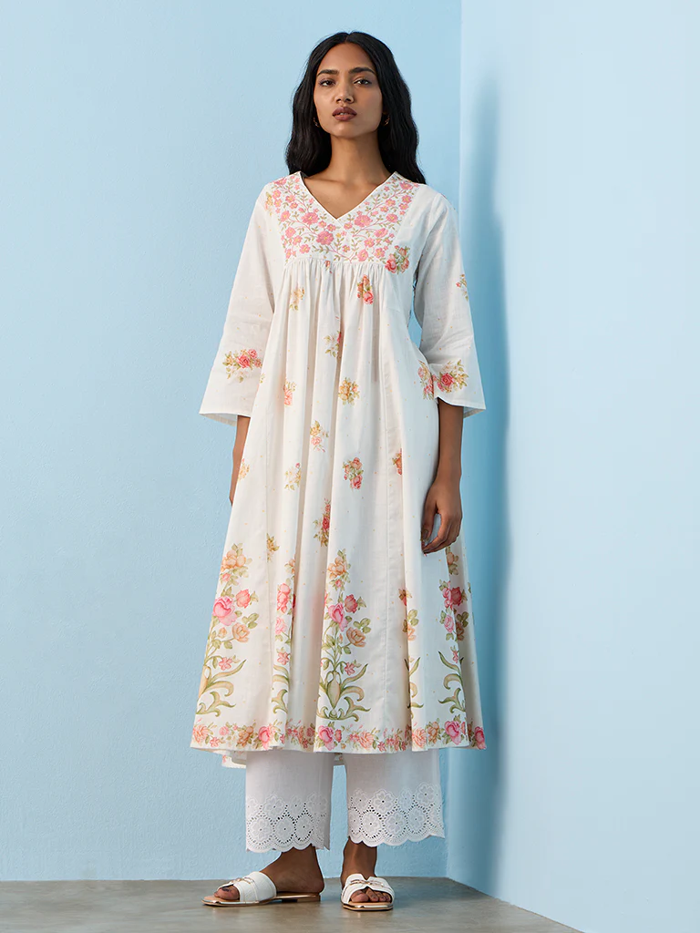 Utsa White Foliage Pattern Anarkali Cotton Kurta