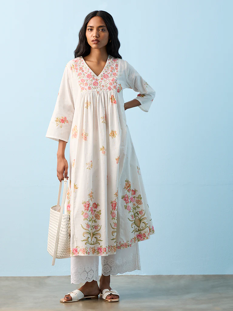 Utsa White Foliage Pattern Anarkali Cotton Kurta - Image 2