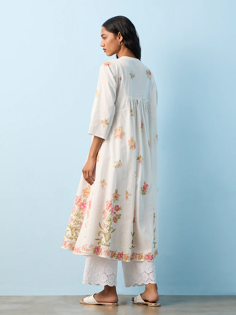 Utsa White Foliage Pattern Anarkali Cotton Kurta - Image 4