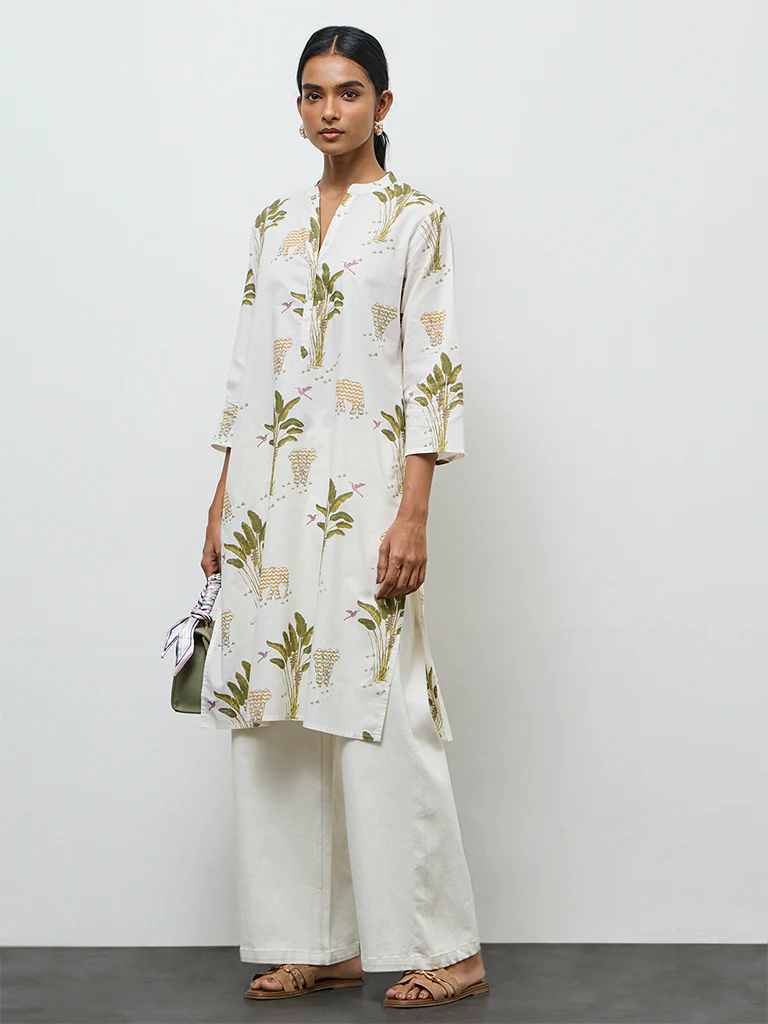 Utsa White Nature-Inspired Cotton Straight Kurta