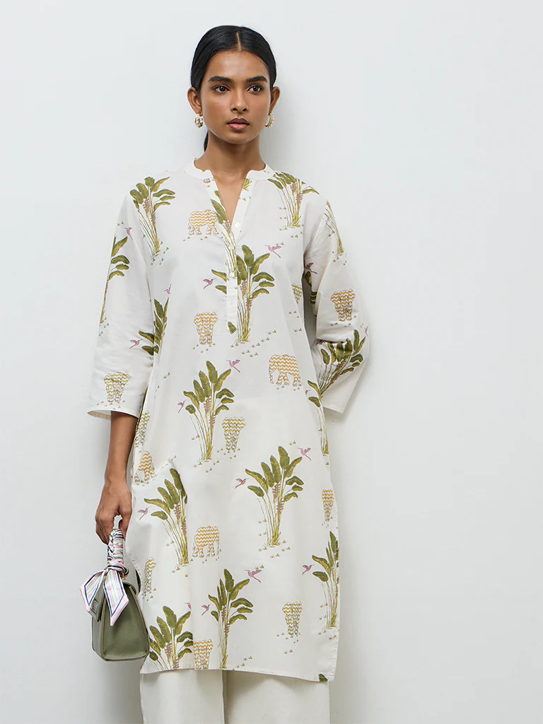 Utsa White Nature-Inspired Cotton Straight Kurta - Image 2