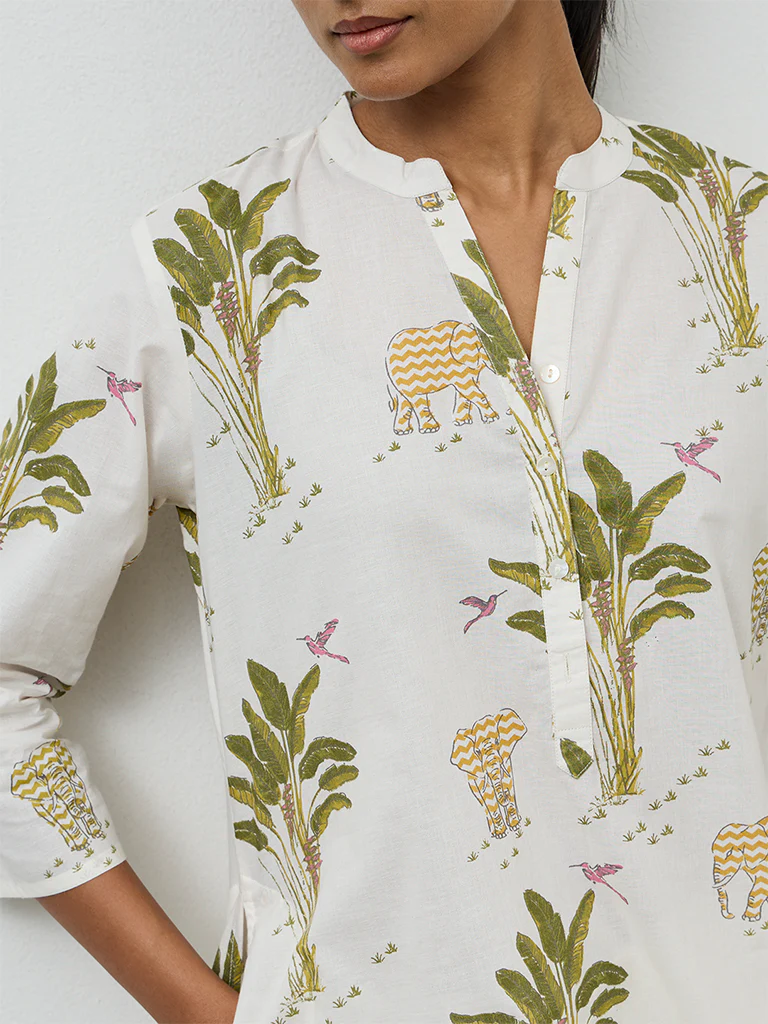 Utsa White Nature-Inspired Cotton Straight Kurta - Image 3