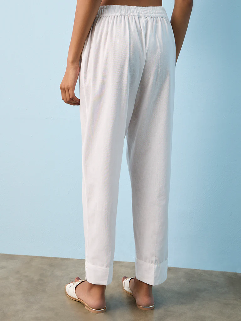 Utsa White Solid Cotton-Blend Pants - Image 4