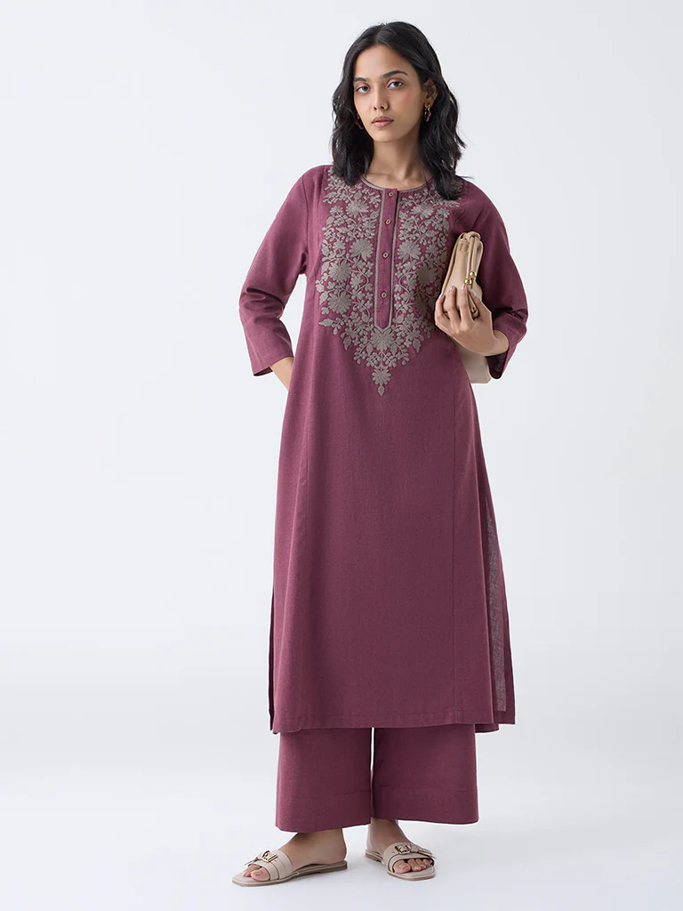 Utsa Wine Solid Cotton Palazzos - Image 2