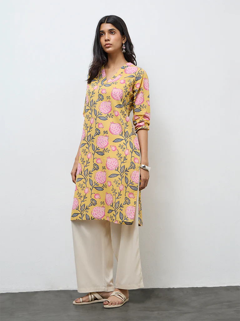 Utsa Yellow Anar Printed Cotton Straight Kurta - Image 2
