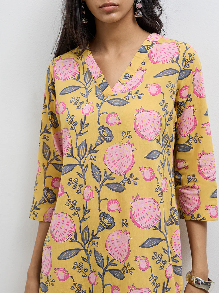 Utsa Yellow Anar Printed Cotton Straight Kurta - Image 3