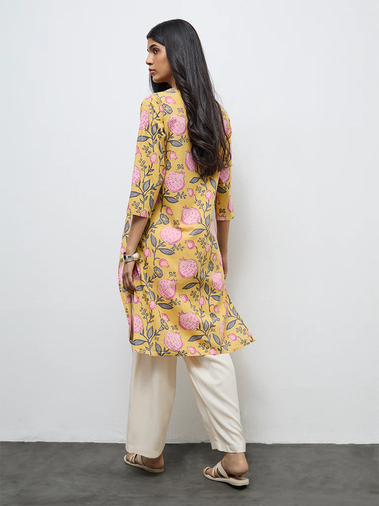 Utsa Yellow Anar Printed Cotton Straight Kurta - Image 4
