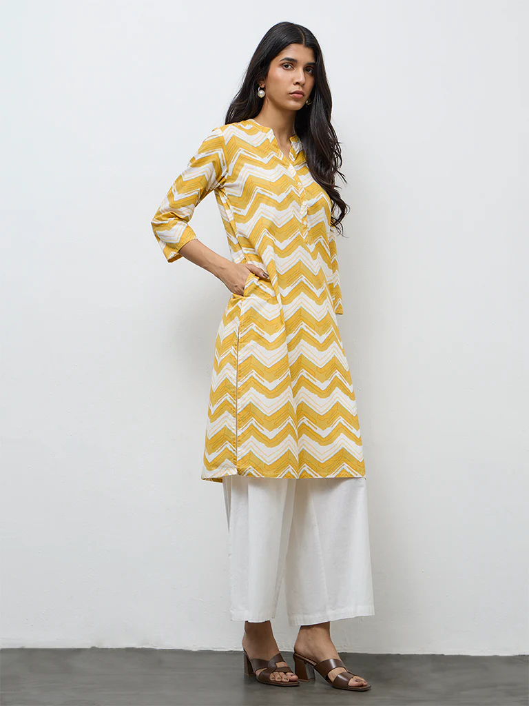 Utsa Yellow Chevron Printed Cotton Straight Kurta - Image 2