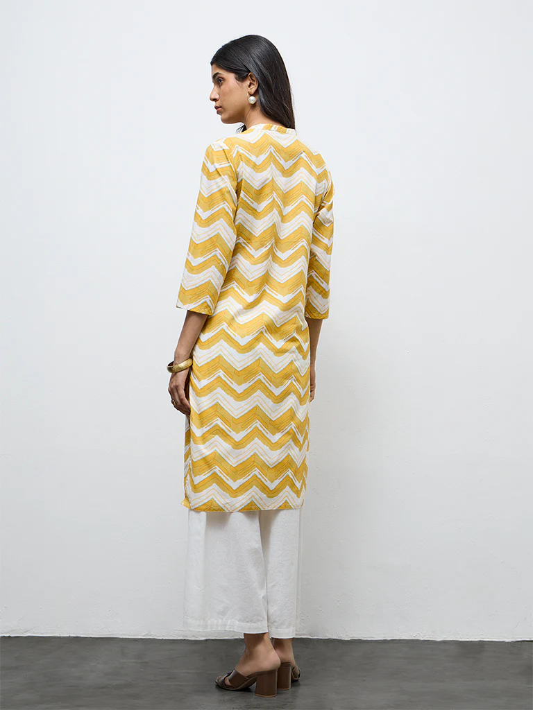 Utsa Yellow Chevron Printed Cotton Straight Kurta - Image 4