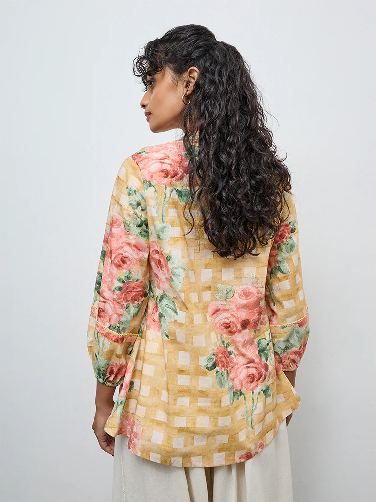 Utsa Yellow Floral Cotton Tunic - Image 4