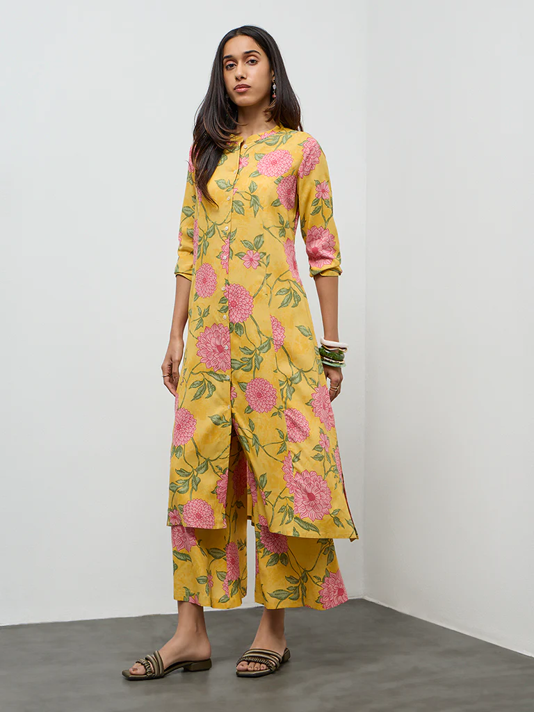 Utsa Yellow Floral Design A-Line Kurta - Image 2