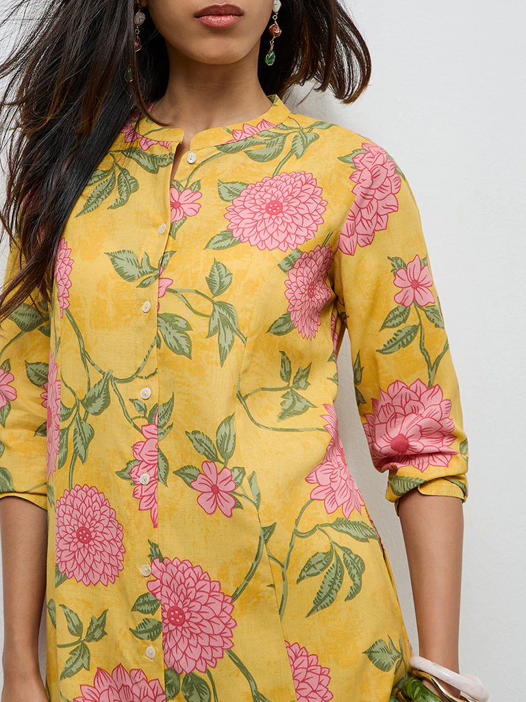 Utsa Yellow Floral Design A-Line Kurta - Image 3