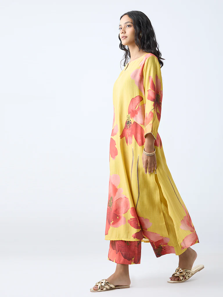 Utsa Yellow Floral Detailed A-Line Kurta - Image 2