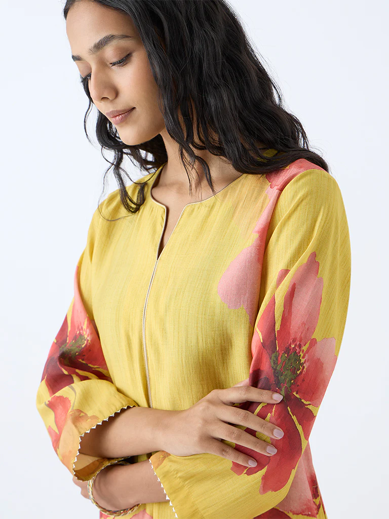 Utsa Yellow Floral Detailed A-Line Kurta - Image 3