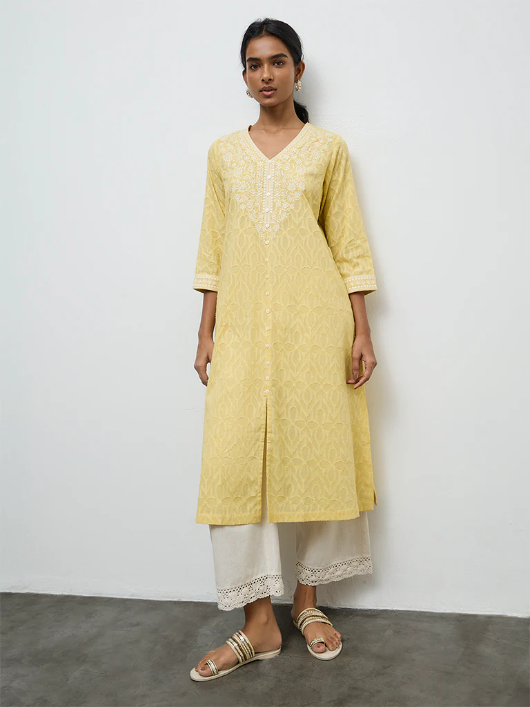 Utsa Yellow Floral Embroidered A-Line Cotton Kurta - Image 2