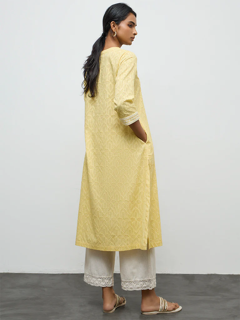 Utsa Yellow Floral Embroidered A-Line Cotton Kurta - Image 4