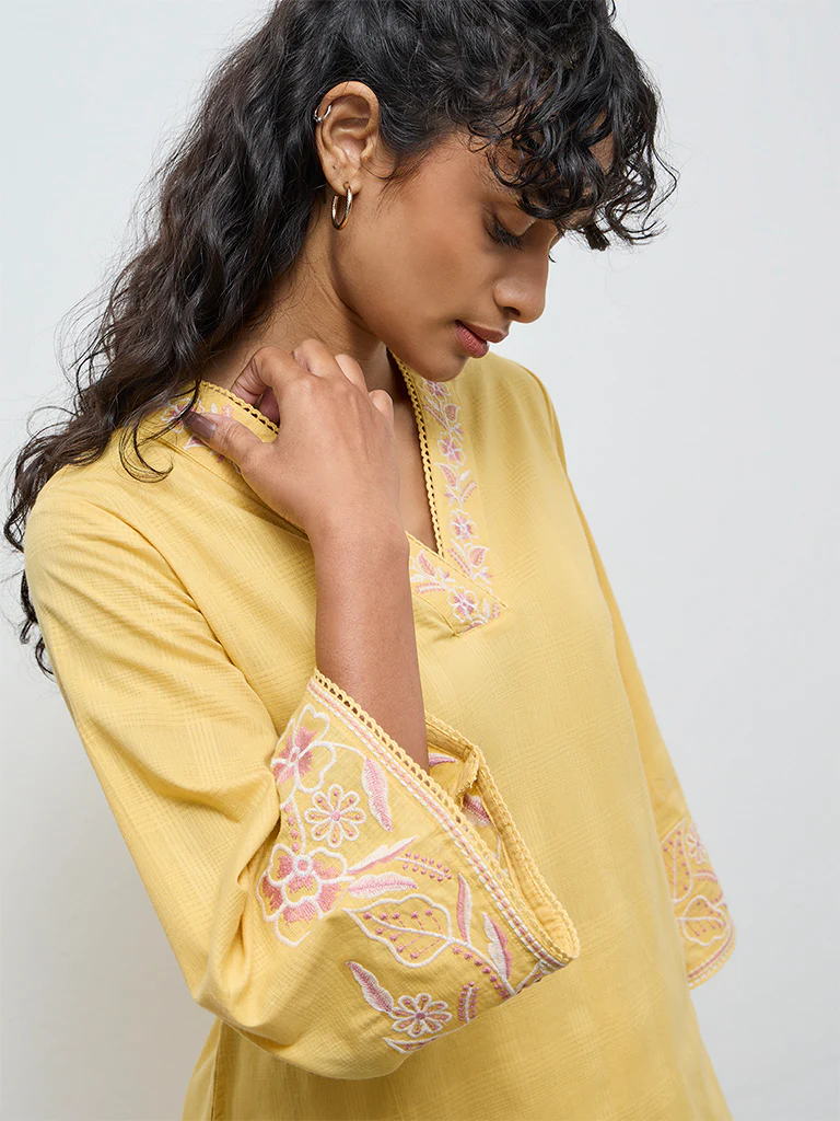 Utsa Yellow Floral Embroidered Cotton A-Line Kurta - Image 3