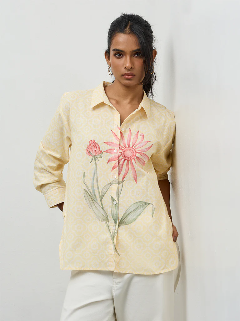 Utsa Yellow Floral Pattern Cotton Tunic - Image 2