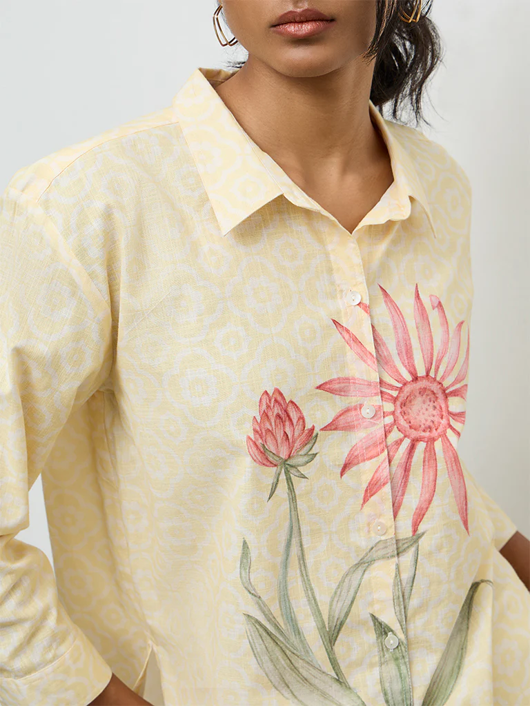 Utsa Yellow Floral Pattern Cotton Tunic - Image 3