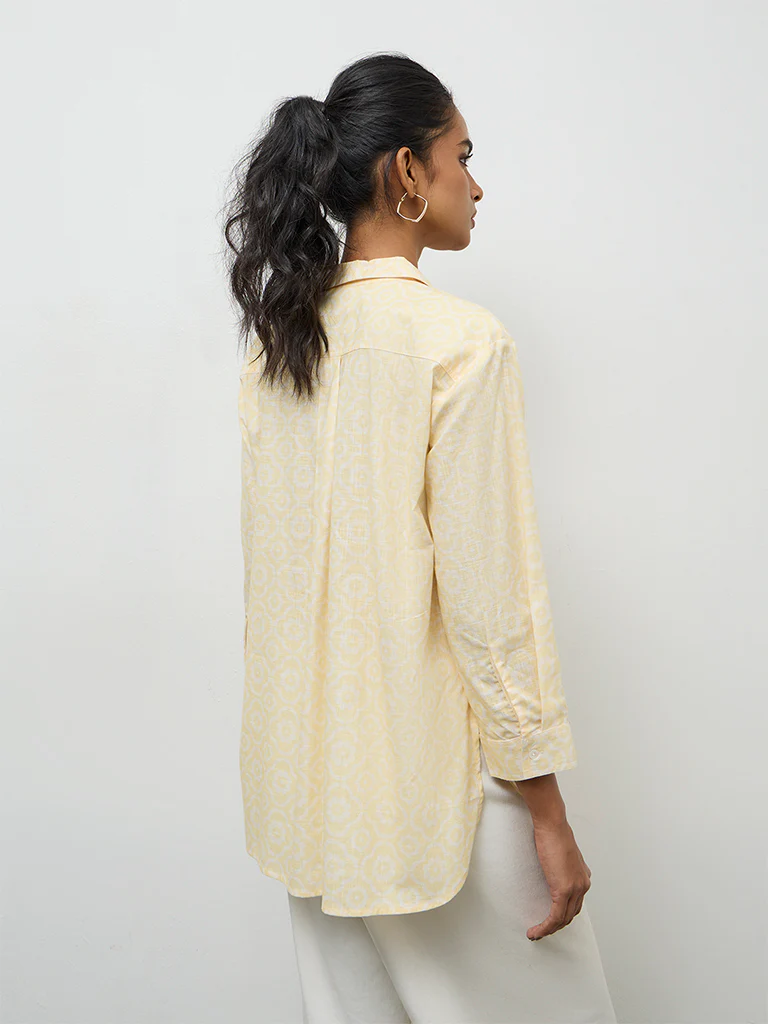 Utsa Yellow Floral Pattern Cotton Tunic - Image 4