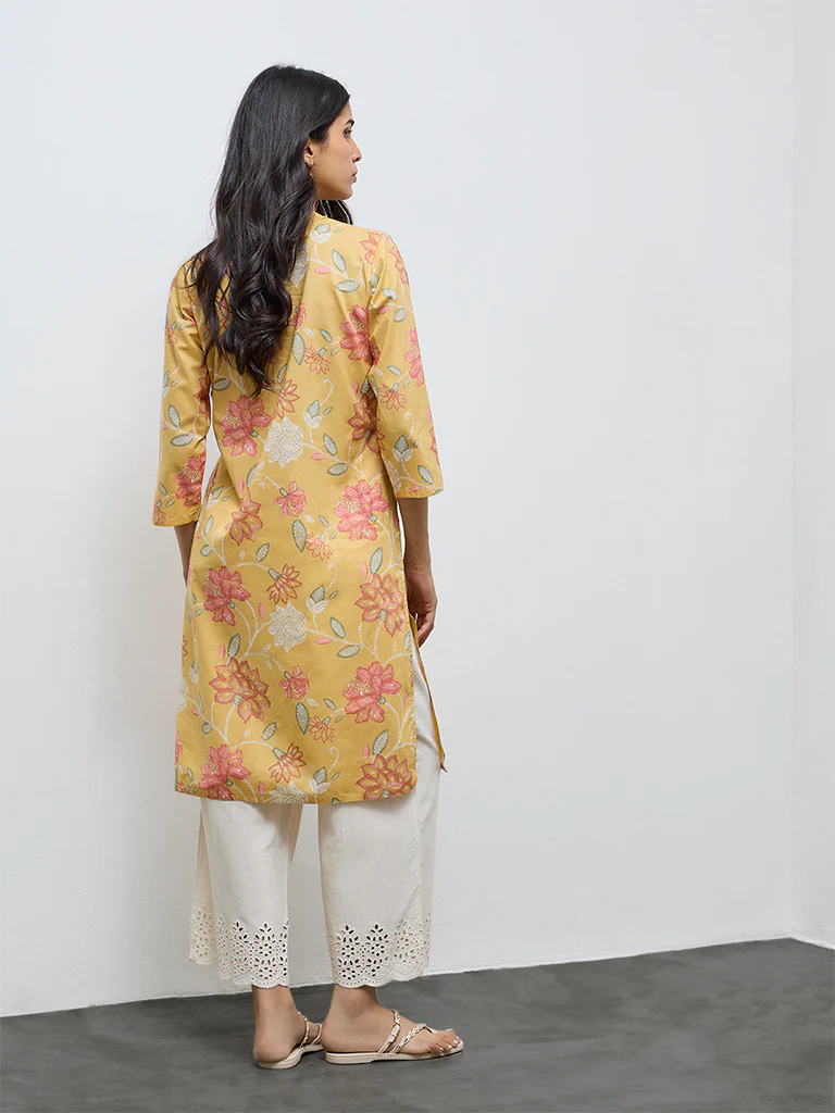 Utsa Yellow Floral Printed Cotton Straight Kurta - Image 4