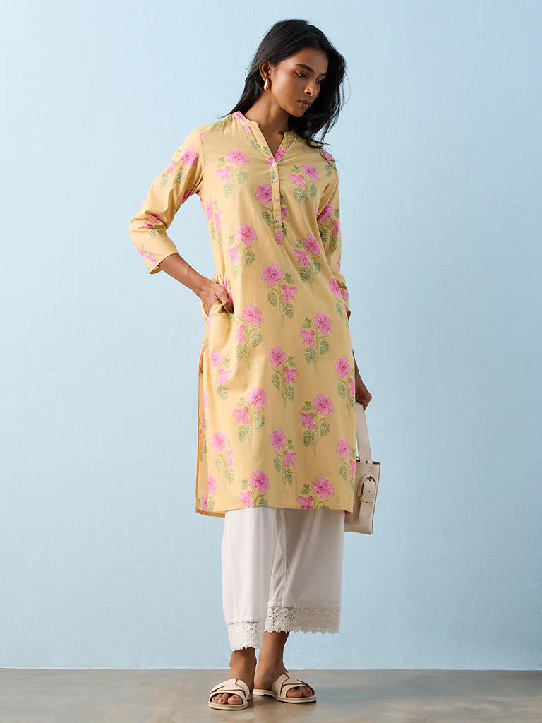 Utsa Yellow Floral Printed Cotton Straight Kurta
