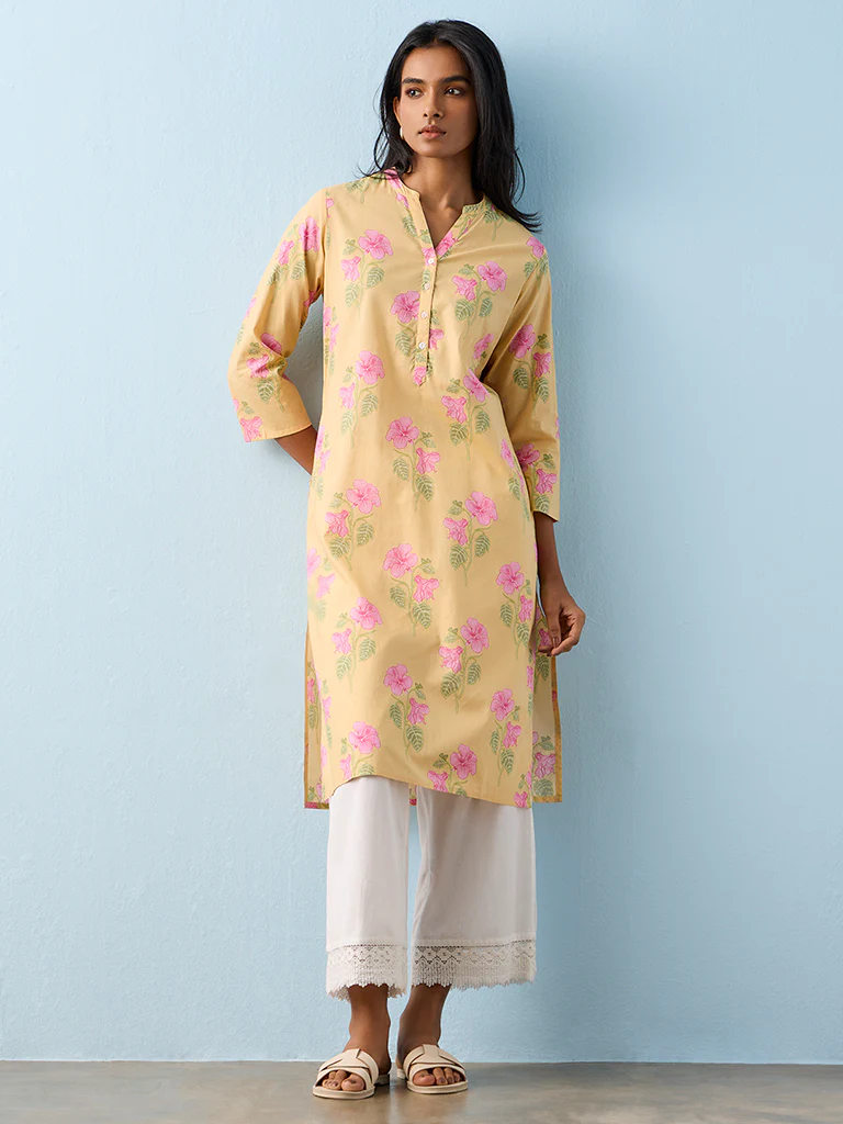 Utsa Yellow Floral Printed Cotton Straight Kurta - Image 2