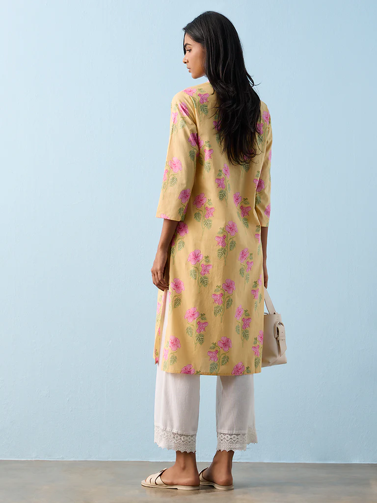Utsa Yellow Floral Printed Cotton Straight Kurta - Image 4