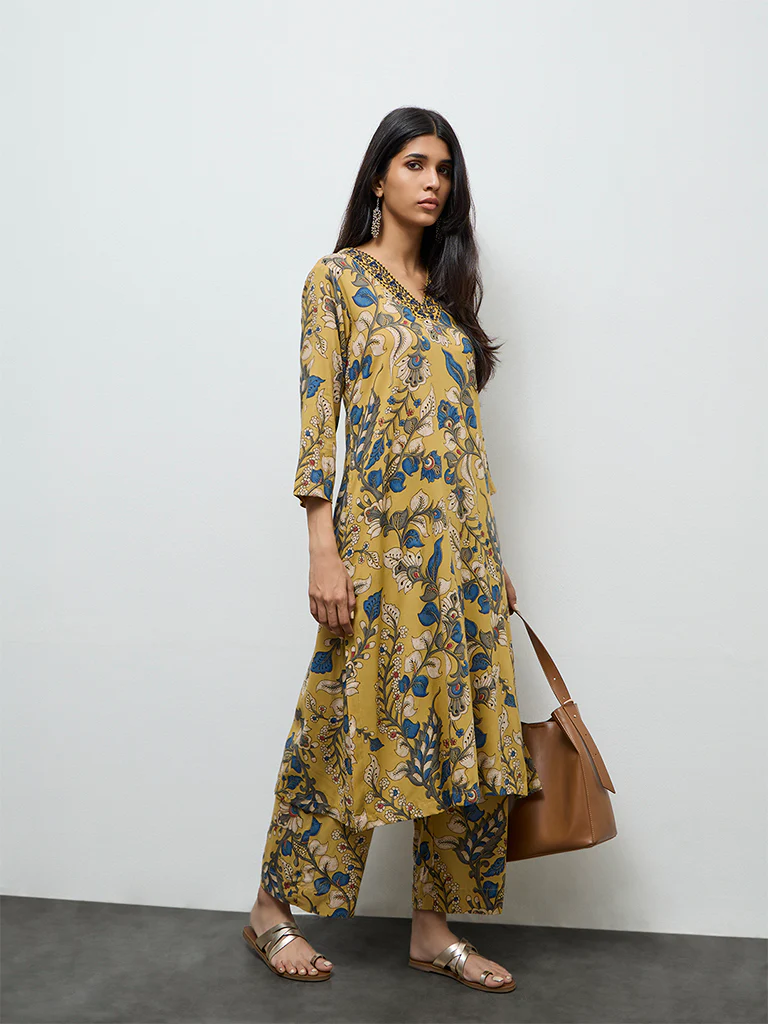 Utsa Yellow Floral Printed Pants - Image 2