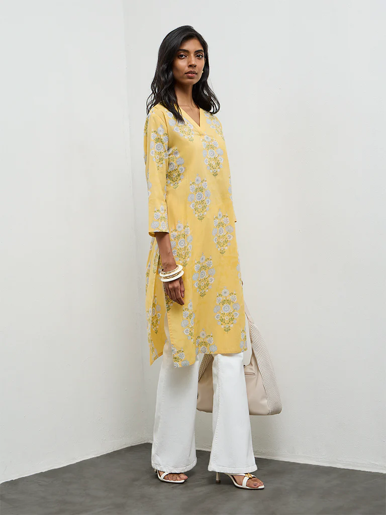 Utsa Yellow Floral Printed Straight Cotton Kurta - Image 2