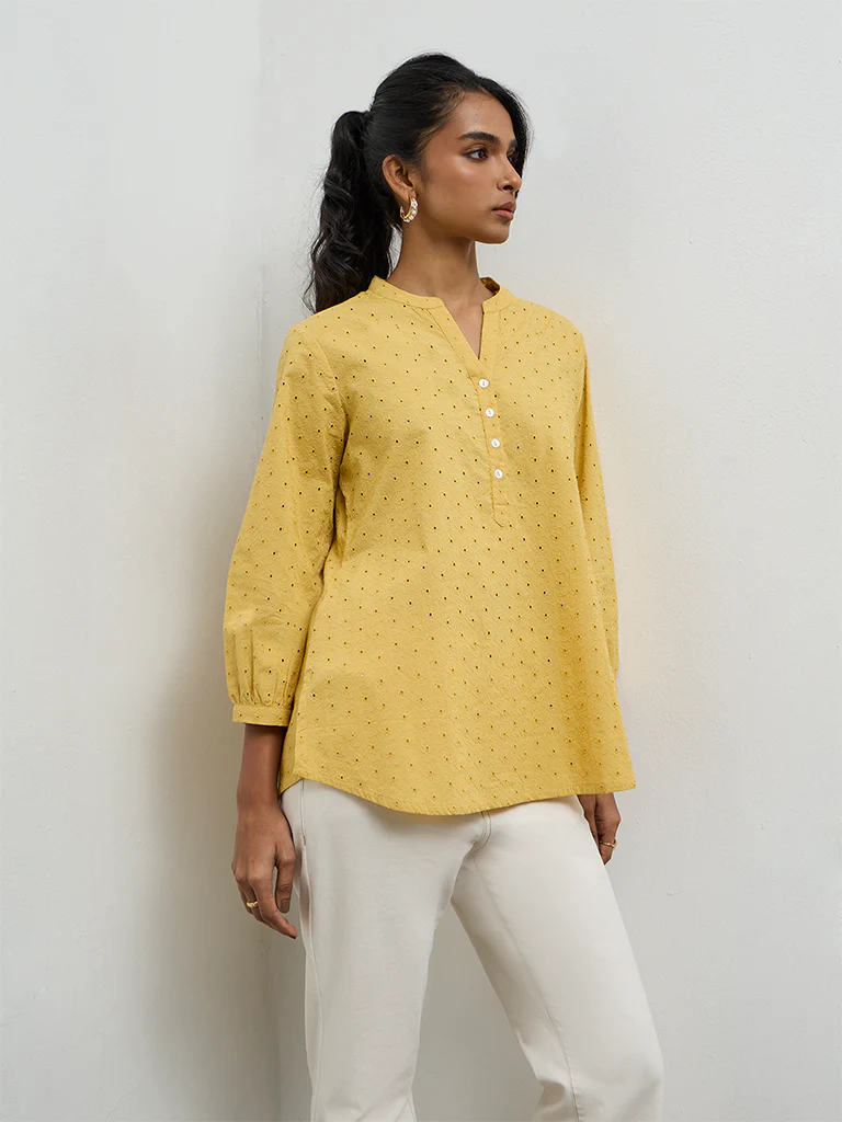 Utsa Yellow Floral Schiffli Detailed Tunic