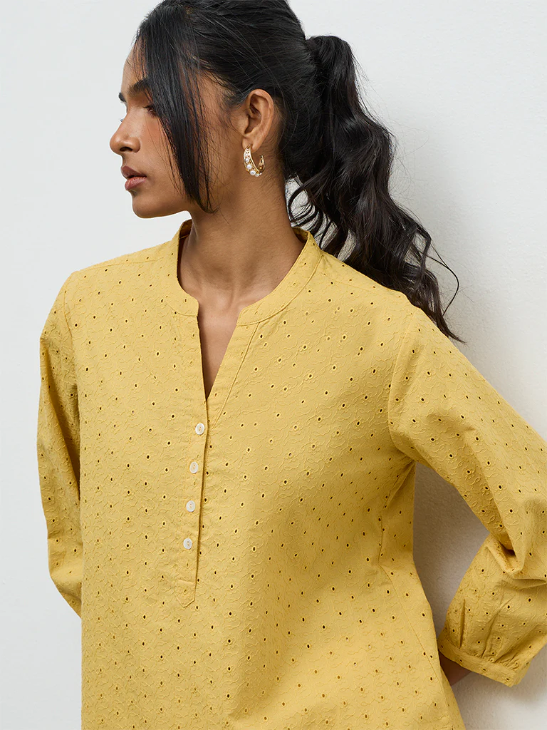 Utsa Yellow Floral Schiffli Detailed Tunic - Image 3