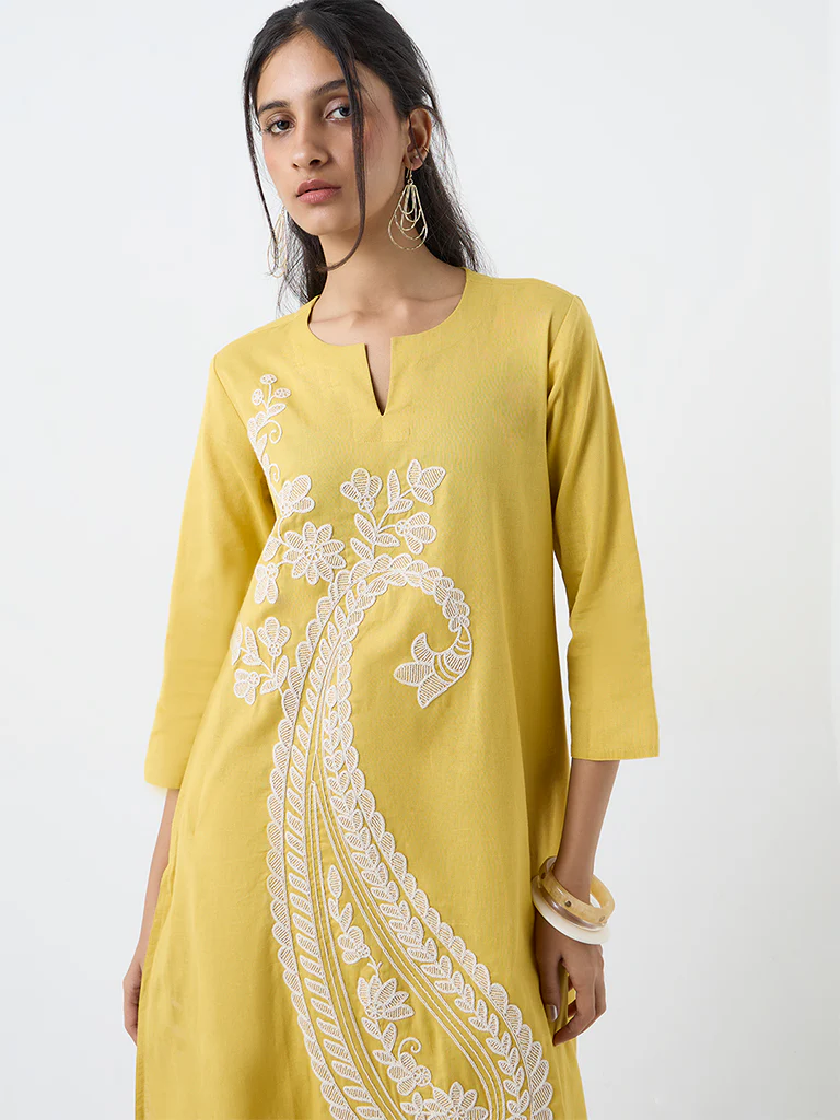 Utsa Yellow Paisley Embroidered Cotton-Blend A-Line Kurta - Image 3