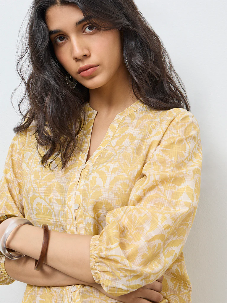 Utsa Yellow Printed Cotton Tunic - Image 3