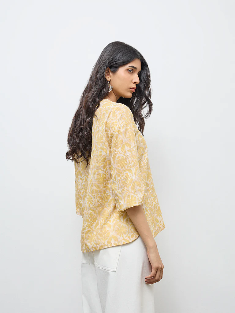 Utsa Yellow Printed Cotton Tunic - Image 4