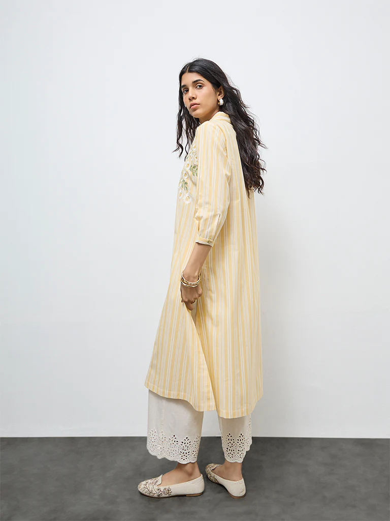 Utsa Yellow Striped Cotton A-Line Kurta - Image 4
