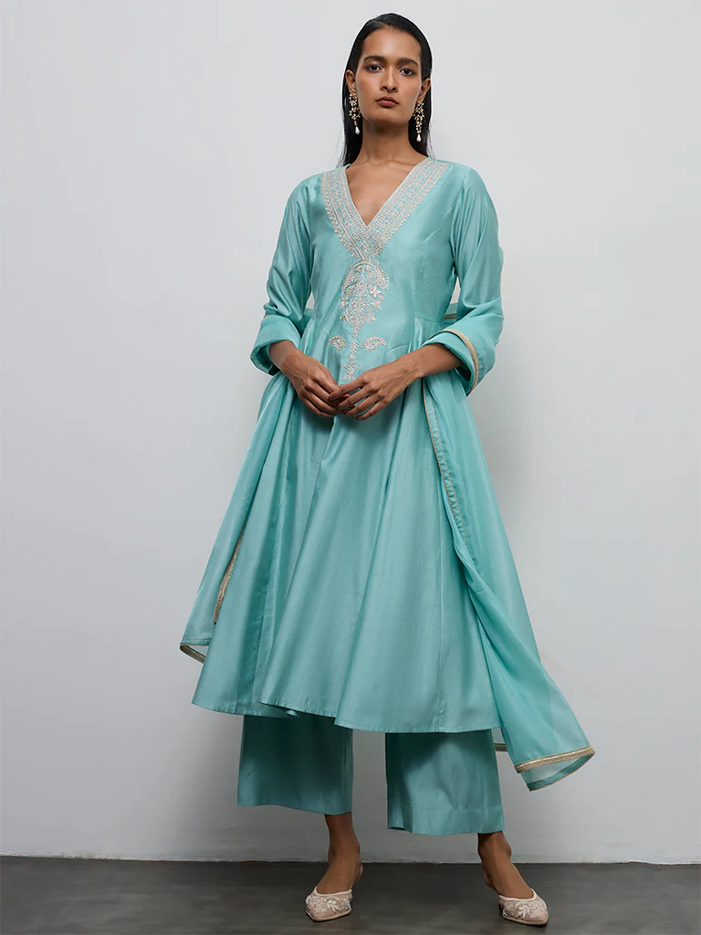 Vark Aqua Embroidered Anarkali Ethnic Set - Image 2