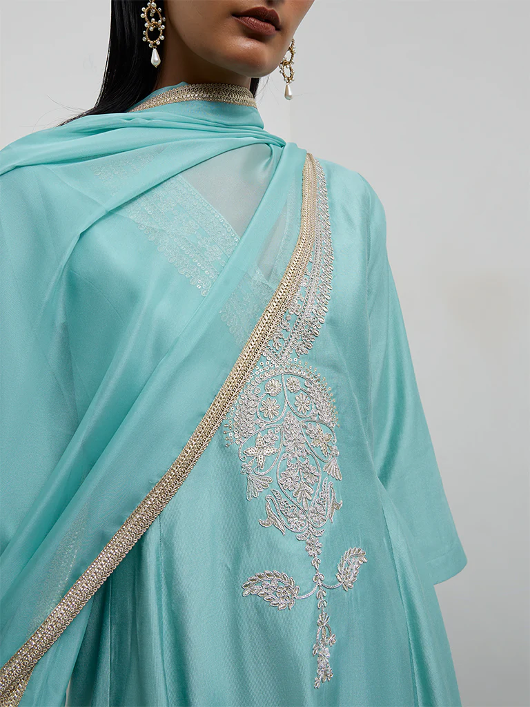 Vark Aqua Embroidered Anarkali Ethnic Set - Image 3
