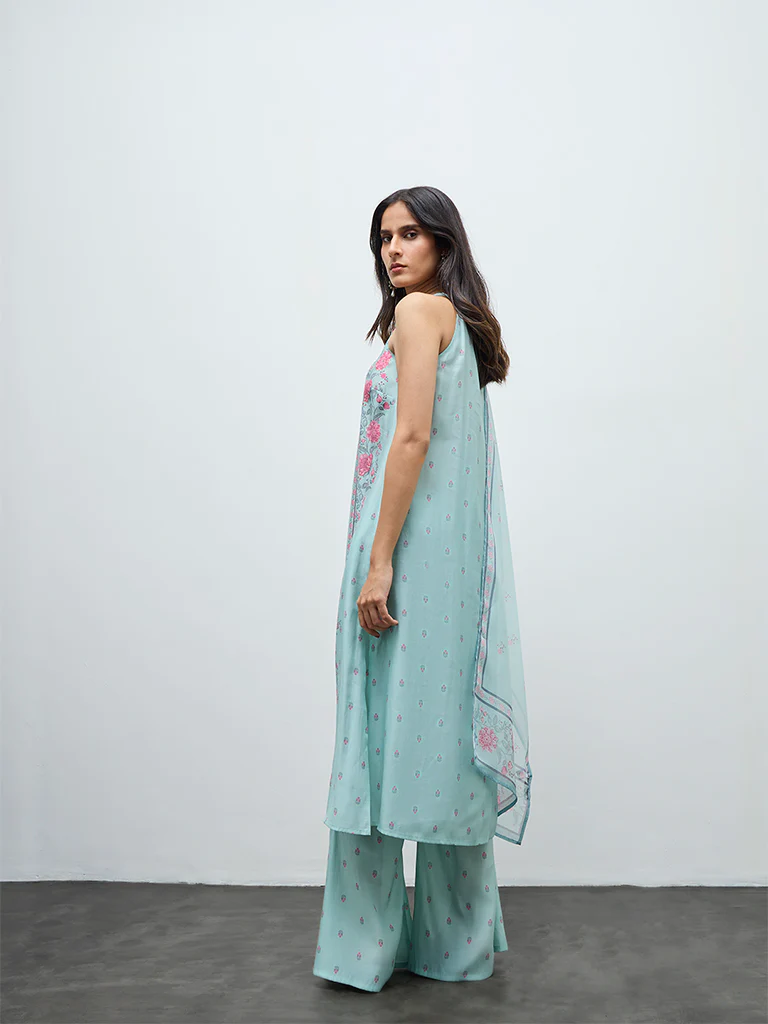 Vark Aqua Floral Design Cotton-Blend A-Line Ethnic Set - Image 4