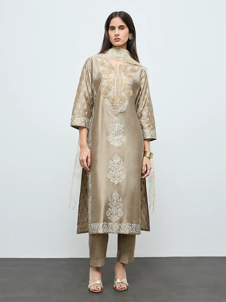 Vark Beige Embroidered A-Line Ethnic Set - Image 2