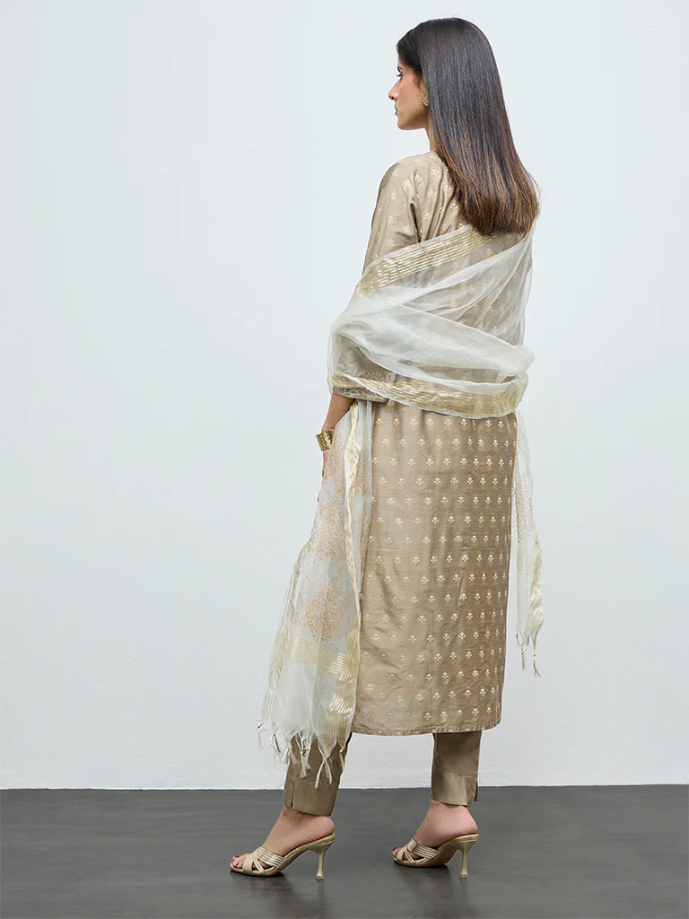 Vark Beige Embroidered A-Line Ethnic Set - Image 4