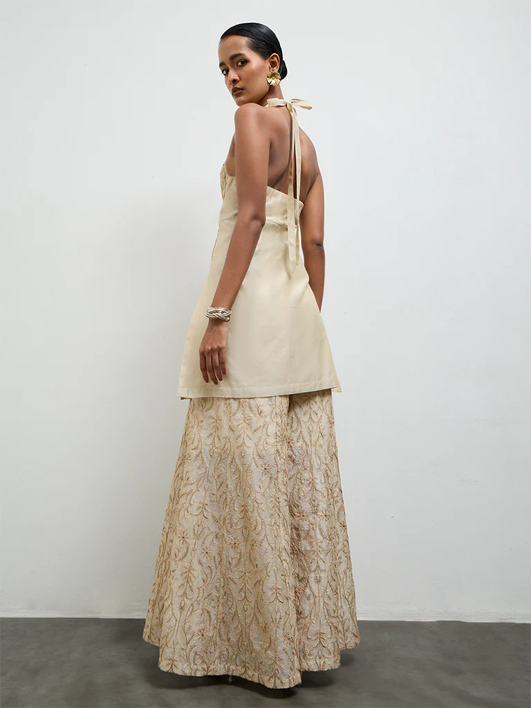 Vark Beige Embroidered A-Line Ethnic Set - Image 4