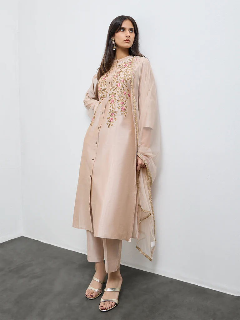 Vark Beige Floral Embroidered A-Line Ethnic Set
