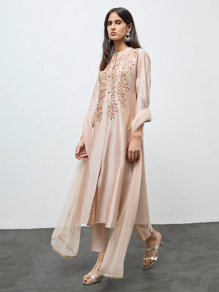 Vark Beige Floral Embroidered A-Line Ethnic Set - Image 2