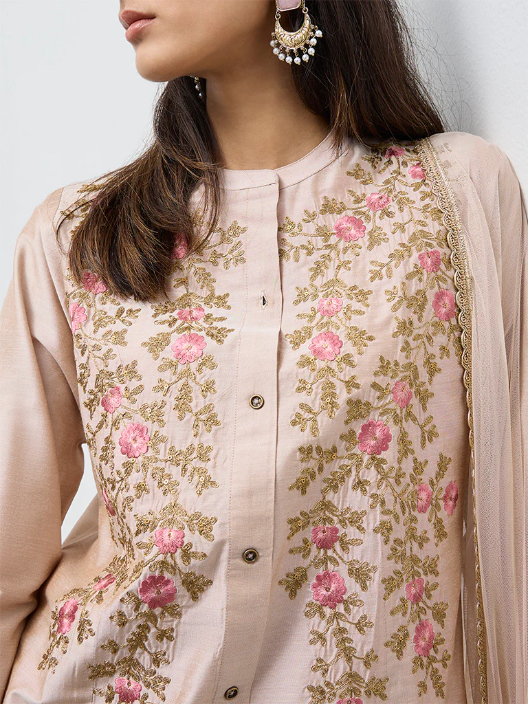 Vark Beige Floral Embroidered A-Line Ethnic Set - Image 3