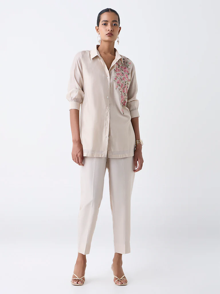 Vark Beige Floral Embroidered Co-ord Set